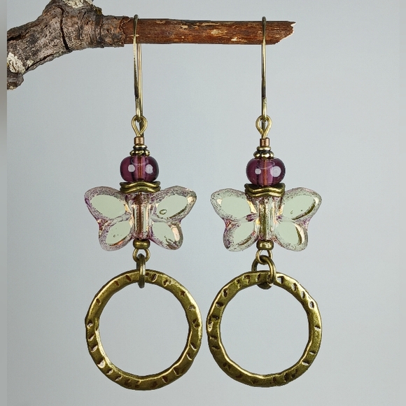 HAND CRAFTED Artisan Glass Green Purple Butterfly Hoop Dangle Earrings - Picture 3 of 7